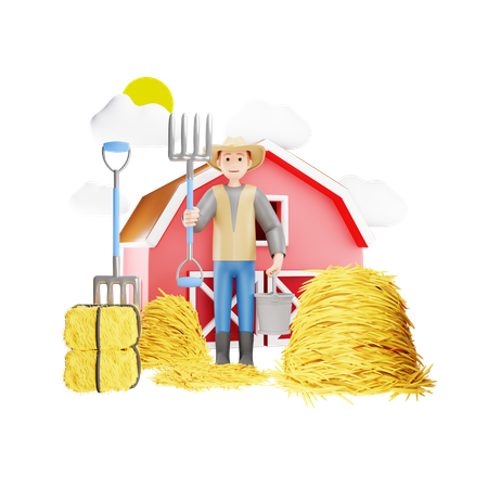 Farmer Weeding Haystack with Farming Fork  3D Icon
