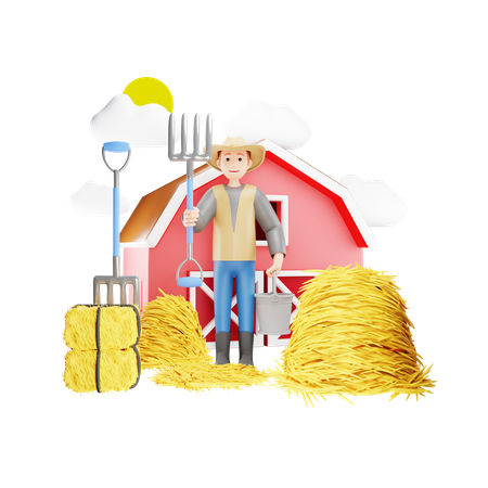 Farmer Weeding Haystack with Farming Fork  3D Illustration