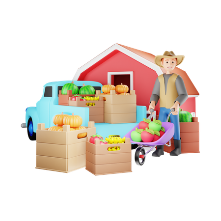 Farmer with Crop Ready to Transport  3D Illustration