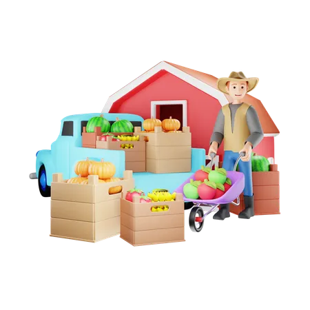 Farmer with Crop Ready to Transport  3D Illustration