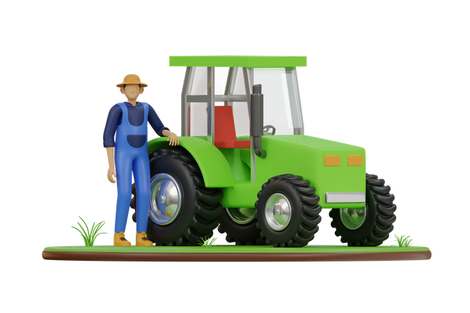 Farmer with tractor  3D Illustration