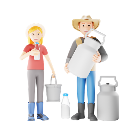 Farming Couple Gathering Fresh Milk in Bottle  3D Illustration