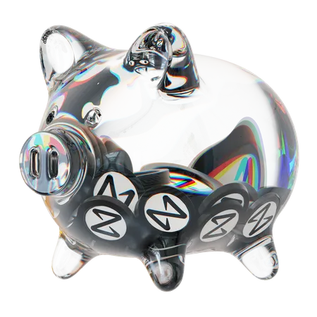 Nahezu durchsichtiges Sparschwein aus Glas mit abnehmendem Stapel an Kryptomünzen  3D Icon