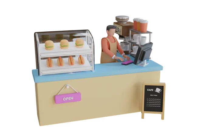 3 D Illustration Eines Erfolgreichen Inhabers Eines Kleinen Fast Food Und Cafe Unternehmens Cafe Banner Mit 3 D Realistischer Kaffeetasse Auf Der Plattform 3 D Rendering 3D Illustration