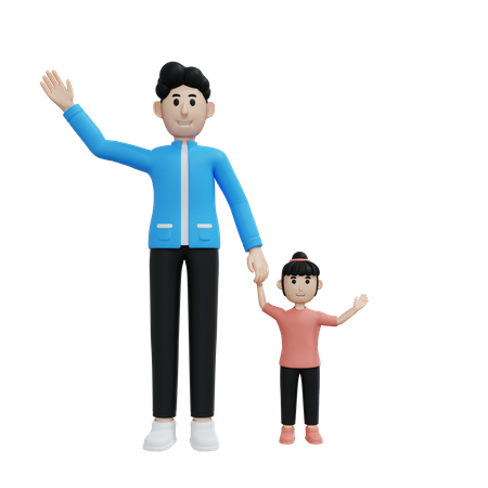 Father And Daughter Say Hi 3D Illustration