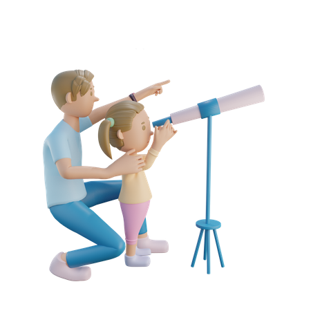 Father and daughter using telescope  3D Icon