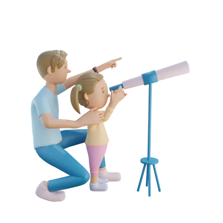 Father and daughter using telescope  3D Illustration