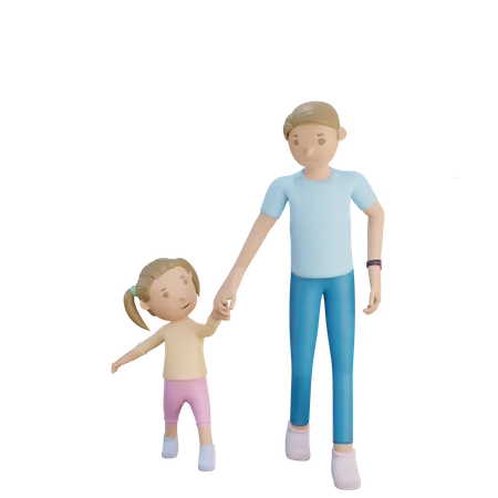 Father and daughter walking together  3D Illustration