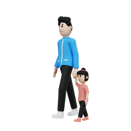 Father And His Daughter Walking Holding Hands  3D Illustration