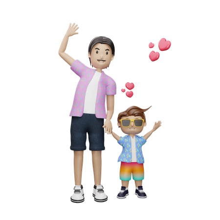 Father and son waving hands  3D Icon