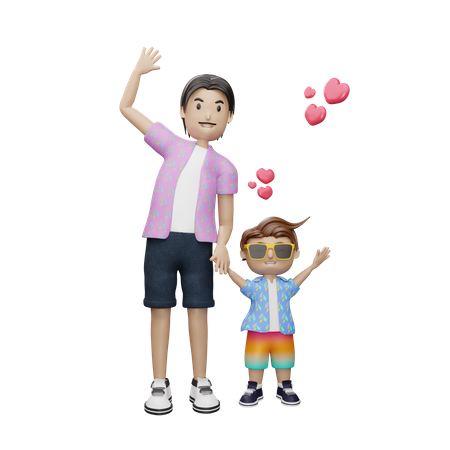 Father and son waving hands 3D Illustration