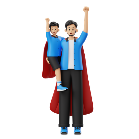 スーパーマンのコスチュームを着た父と息子  3D Illustration