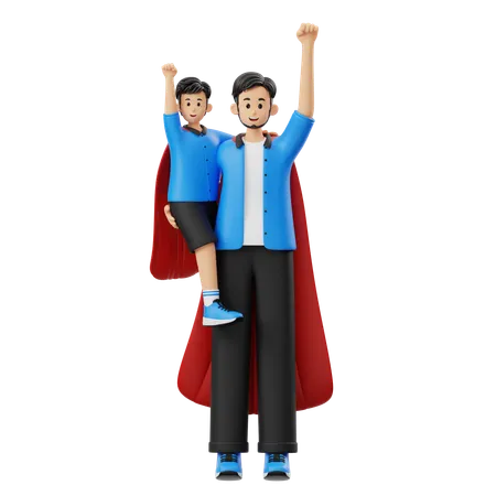 スーパーマンのコスチュームを着た父と息子  3D Illustration
