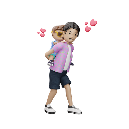 Father holding son on back  3D Icon