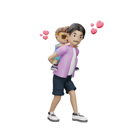 Father holding son on back  3D Illustration