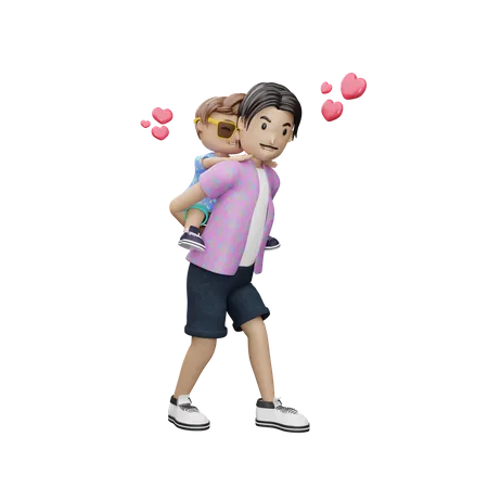 Father holding son on back  3D Illustration