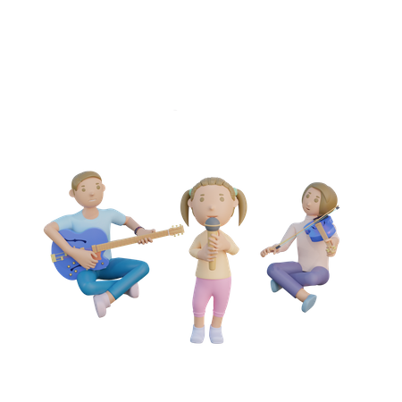 Father mom and daughter sing and playing music 3D Illustration