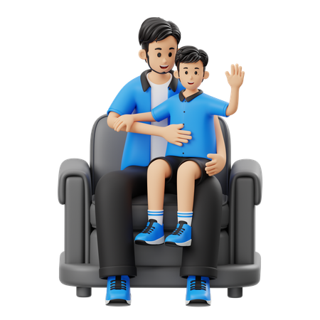 子供を抱いて座っている父親  3D Illustration