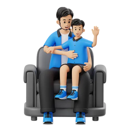 子供を抱いて座っている父親  3D Illustration