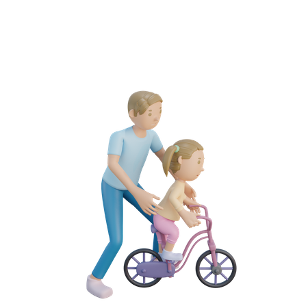 Father teaching cycling to daughter  3D Icon