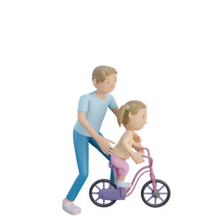 Father teaching cycling to daughter 3D Illustration