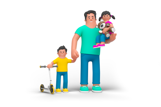 Father Walking with Kids  3D Illustration