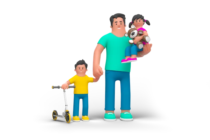 Father Walking with Kids  3D Illustration