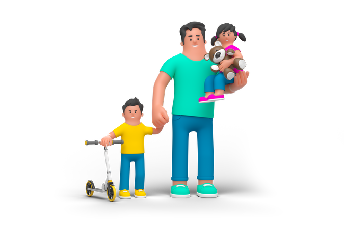 Father Walking with Kids 3D Illustration