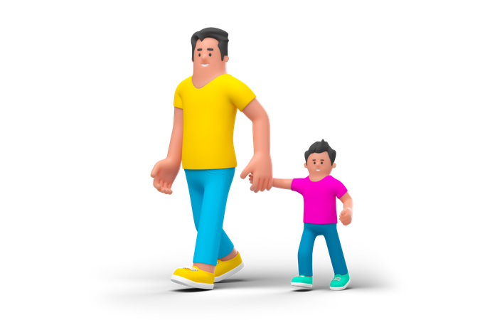 Father Walking with Son  3D Illustration