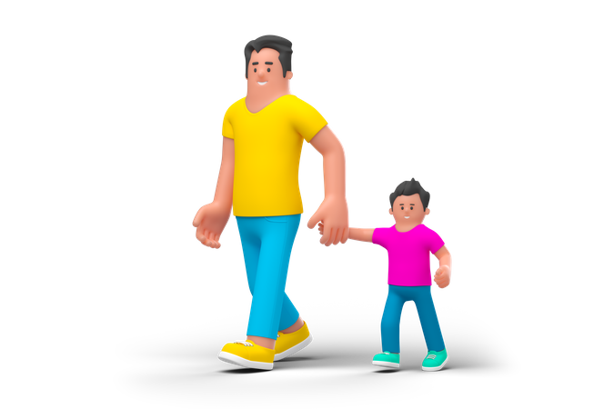 Father Walking with Son 3D Illustration