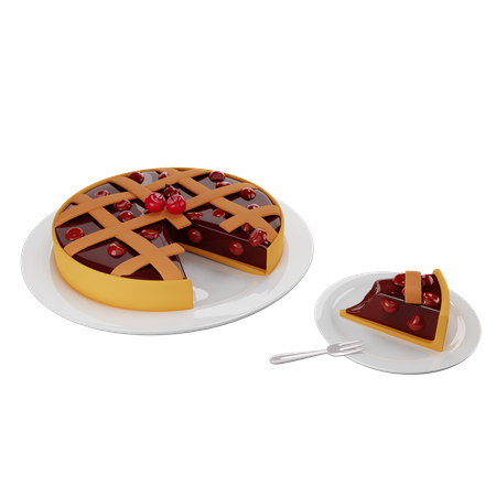 Fatia de torta de cereja com crosta treliçada servida em pires  3D Illustration