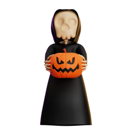Faucheuse portant une citrouille effrayante  3D Illustration