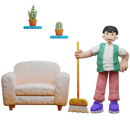 Faxineira em pé com vassoura na sala de estar  3D Illustration