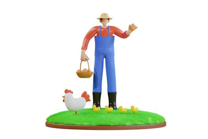 Agricultor coletando ovos de galinha  3D Illustration