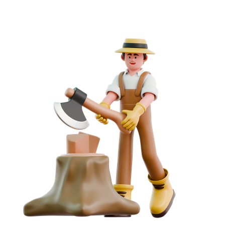 Fazendeiro cortando lenha com machado  3D Icon