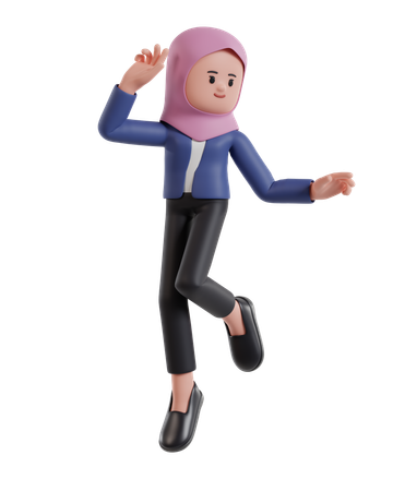 Feliz empresária bem sucedida usando um hijab pulando  3D Illustration