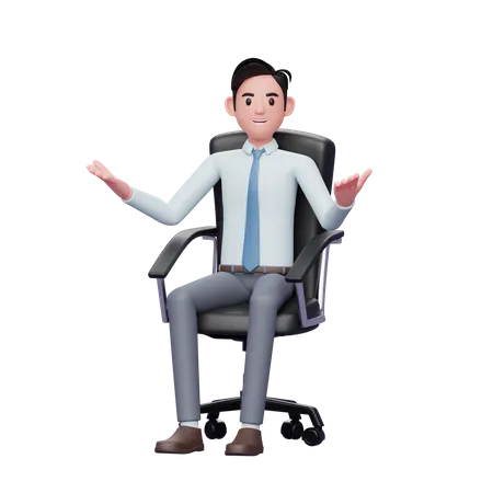Feliz empresário bem sucedido com mãos abertas, sentado na cadeira do escritório  3D Illustration