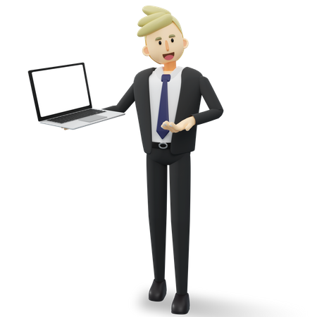 Feliz empresário está apresentando seu projeto no laptop  3D Illustration