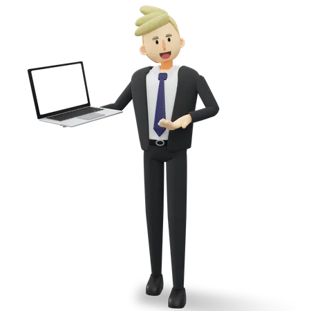 Feliz empresário está apresentando seu projeto no laptop  3D Illustration