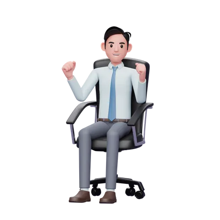 Feliz empresário sentado na cadeira do escritório comemorando  3D Illustration