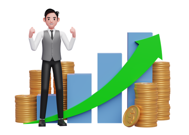 Feliz hombre de negocios con camisa gris celebrando frente a un gráfico de barras de crecimiento positivo con adorno de monedas  3D Illustration