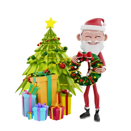 Feliz santa claus sosteniendo corona con regalo  3D Illustration