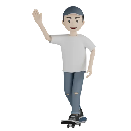 Feliz skater tejiendo la mano mientras anda en patineta  3D Illustration