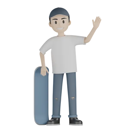 Skatista feliz tecendo a mão com skate  3D Illustration