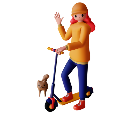 Female character riding electric scooter with cat  3D Illustration