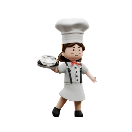 Female Chef Holding A Food Container  3D Illustration