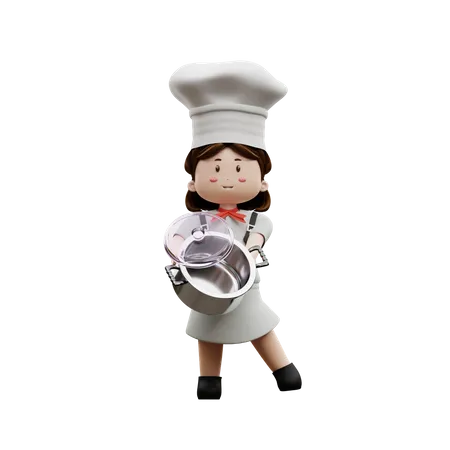 Female Chef Holding A Pot  3D Illustration