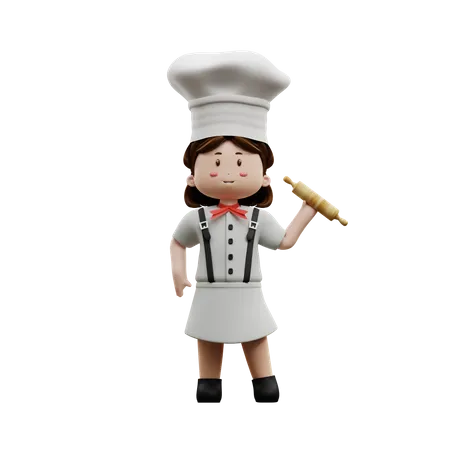 Female Chef Holding A Rolling Pin  3D Illustration