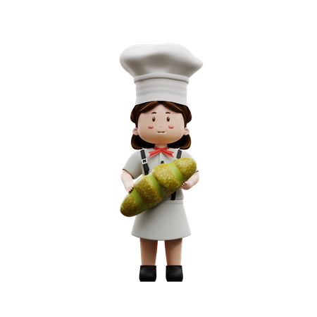 Female Chef Holding Bread  3D Icon