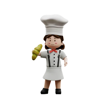 Female Chef Holding Bread  3D Illustration